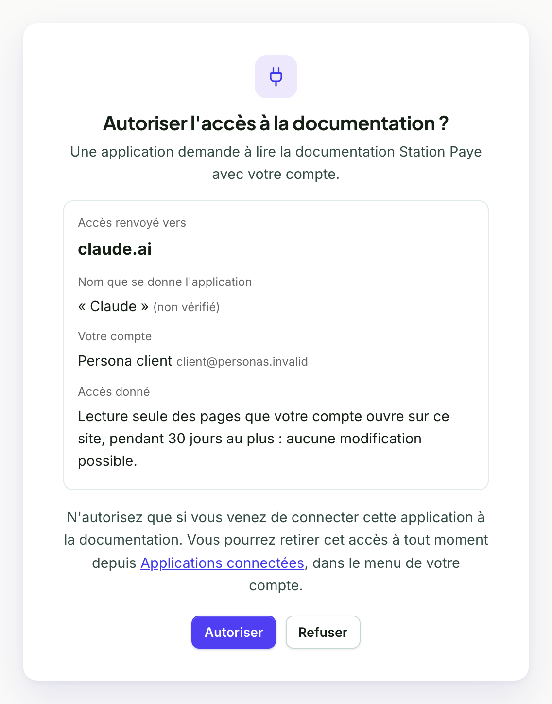 Écran Autoriser l'accès à la documentation : accès renvoyé vers claude.ai, nom que se donne l'application Claude (non vérifié), compte connecté, lecture seule pendant 30 jours au plus, boutons Autoriser et Refuser.